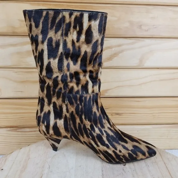 Vince Camuto Rastel 3 Leopard Print Calf Hair Kitten Heel Pull On Mid Calf Boots