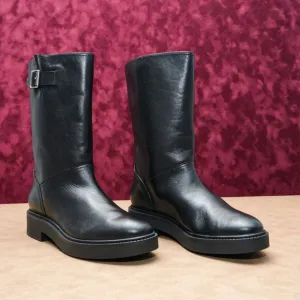 Vince Women Black Leather Mid Calf Moto Biker Slip-on Strap Boots sz 9.5