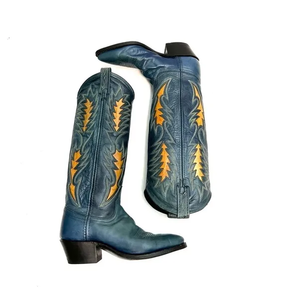 Vintage 1960s women’s blue leather knee high gold inlay western cowboy boots