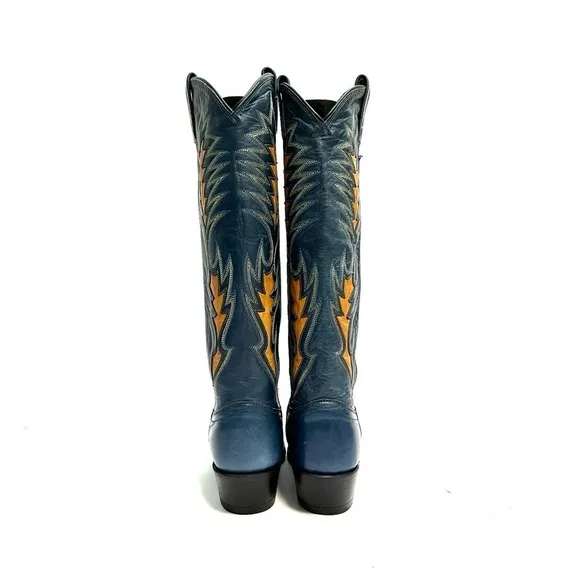 Vintage 1960s women’s blue leather knee high gold inlay western cowboy boots
