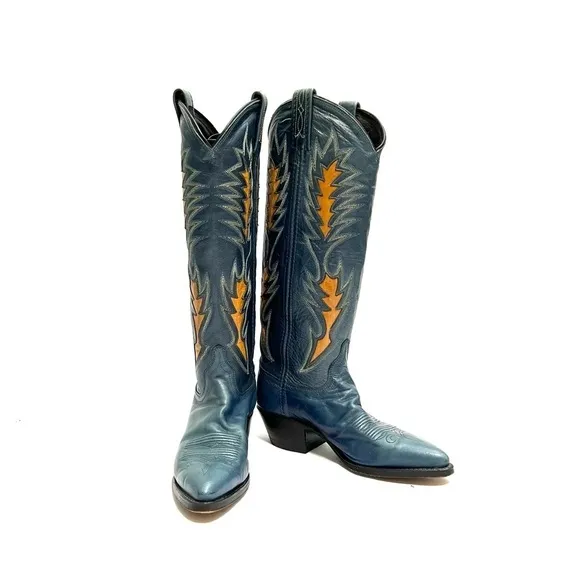 Vintage 1960s women’s blue leather knee high gold inlay western cowboy boots