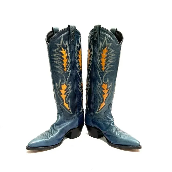 Vintage 1960s women’s blue leather knee high gold inlay western cowboy boots