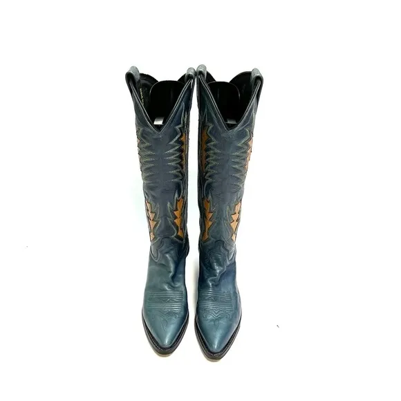 Vintage 1960s women’s blue leather knee high gold inlay western cowboy boots