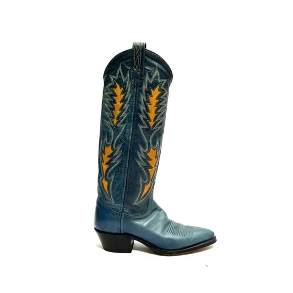 Vintage 1960s women’s blue leather knee high gold inlay western cowboy boots