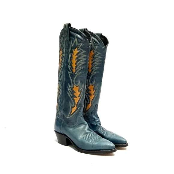 Vintage 1960s women’s blue leather knee high gold inlay western cowboy boots