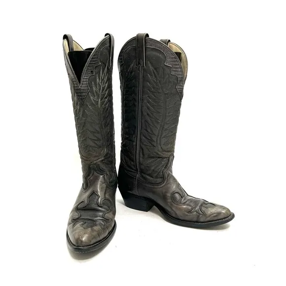 Vintage 1970s men’s rugged gray marbled leather reptile inlay cowboy boots
