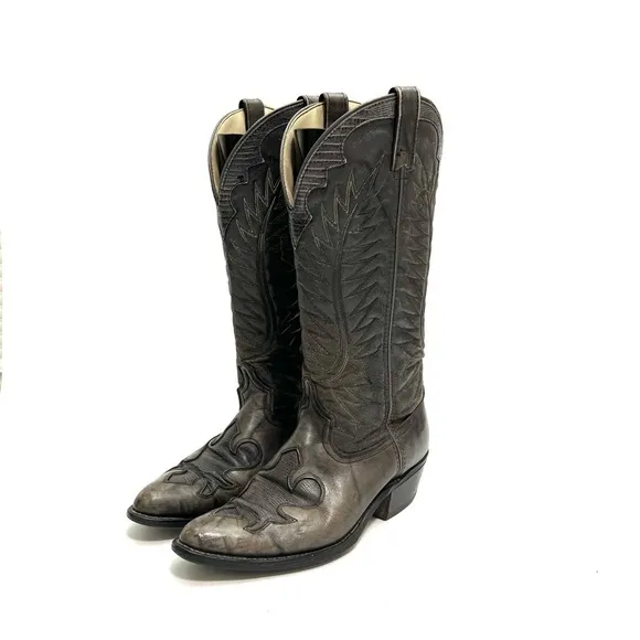 Vintage 1970s men’s rugged gray marbled leather reptile inlay cowboy boots