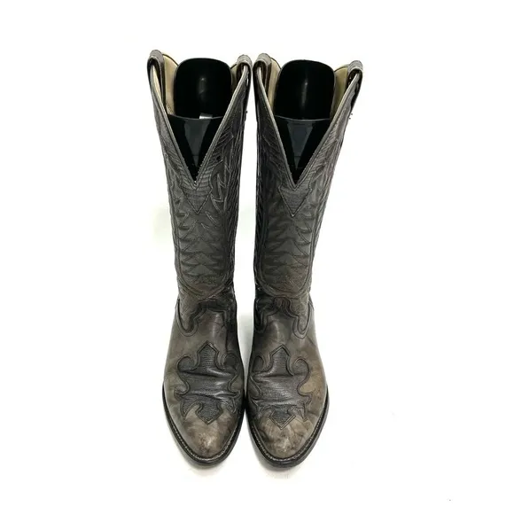 Vintage 1970s men’s rugged gray marbled leather reptile inlay cowboy boots
