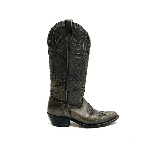 Vintage 1970s men’s rugged gray marbled leather reptile inlay cowboy boots