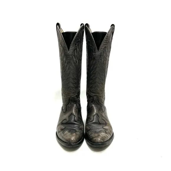Vintage 1970s men’s rugged gray marbled leather reptile inlay cowboy boots