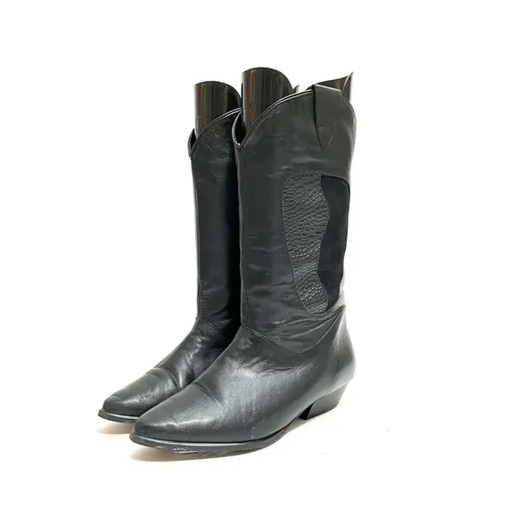 Vintage 1980s women’s black leather mid calf western cowboy boots