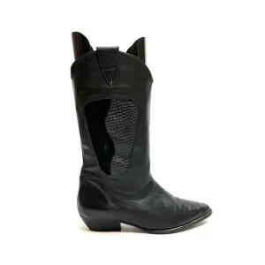 Vintage 1980s women’s black leather mid calf western cowboy boots