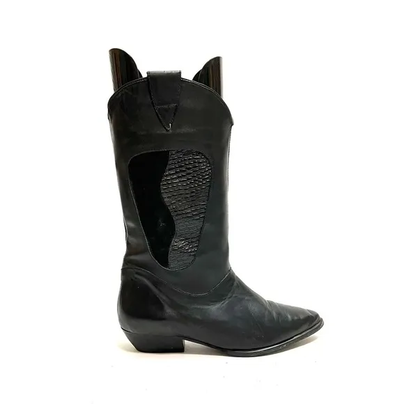 Vintage 1980s women’s black leather mid calf western cowboy boots
