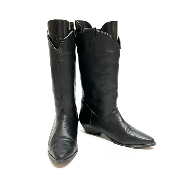 Vintage 1980s women’s black leather mid calf western cowboy boots