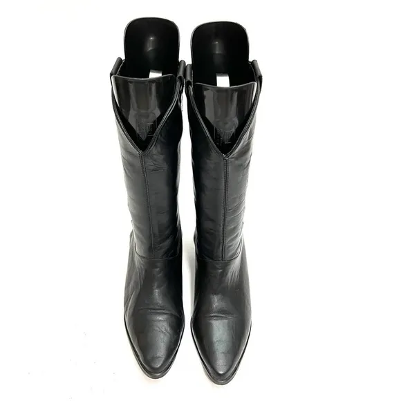 Vintage 1980s women’s black leather mid calf western cowboy boots