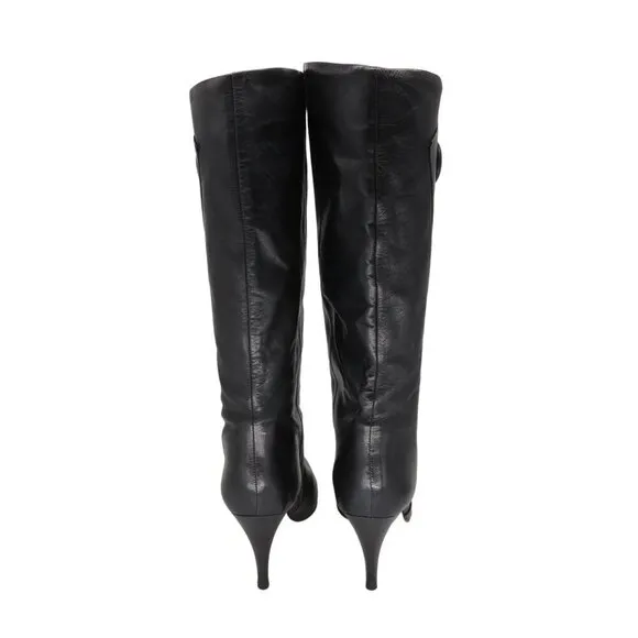 Vintage 1980s Women's Tall Black Leather Stiletto Boots Size 8M by 9 WEST