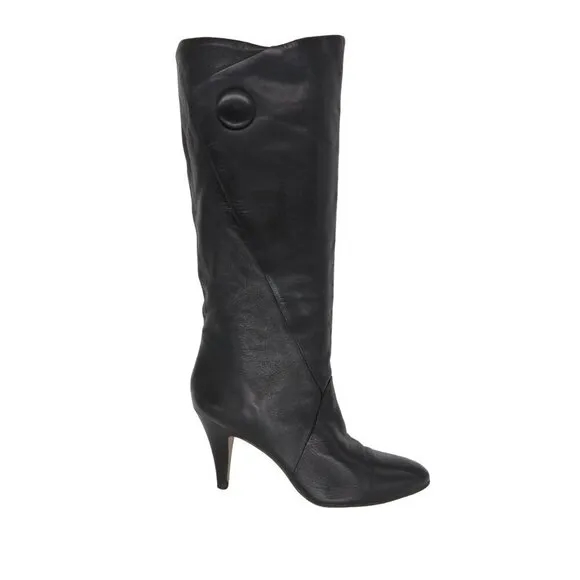 Vintage 1980s Women's Tall Black Leather Stiletto Boots Size 8M by 9 WEST