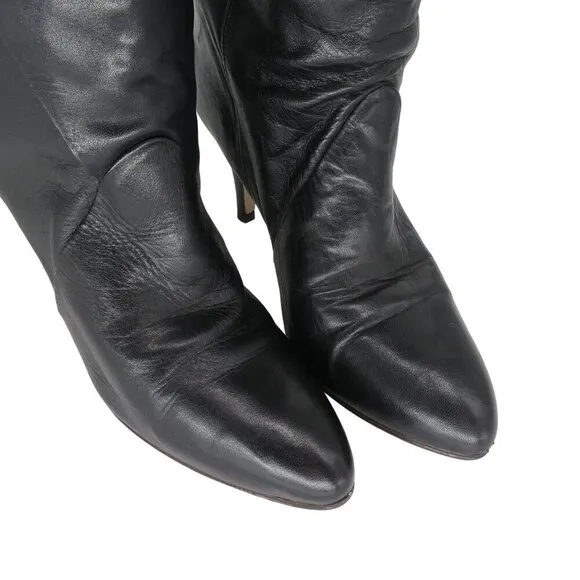 Vintage 1980s Women's Tall Black Leather Stiletto Boots Size 8M by 9 WEST
