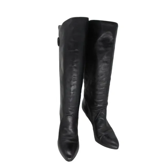 Vintage 1980s Women's Tall Black Leather Stiletto Boots Size 8M by 9 WEST