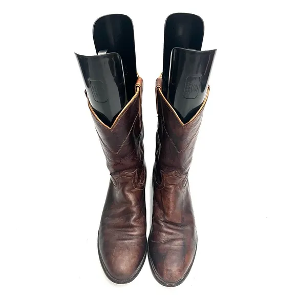Vintage 1990s men’s dark brown leather mid calf pull on western roper boots