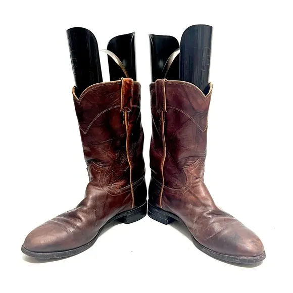 Vintage 1990s men’s dark brown leather mid calf pull on western roper boots