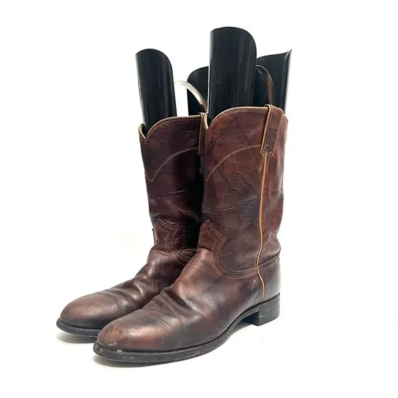 Vintage 1990s men’s dark brown leather mid calf pull on western roper boots