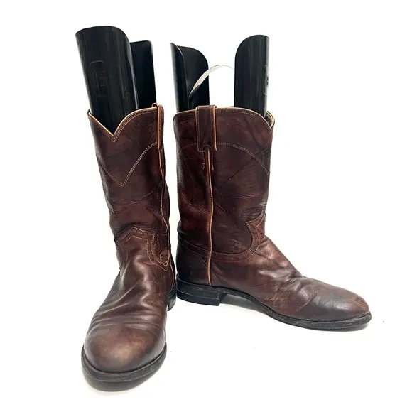 Vintage 1990s men’s dark brown leather mid calf pull on western roper boots