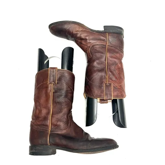 Vintage 1990s men’s dark brown leather mid calf pull on western roper boots