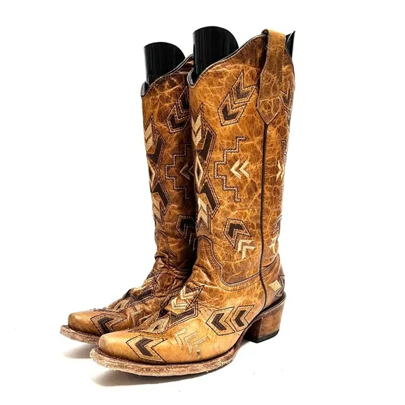 Vintage 1990s women’s brown marbled leather chevron embroidered cowboy boots