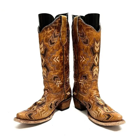 Vintage 1990s women’s brown marbled leather chevron embroidered cowboy boots