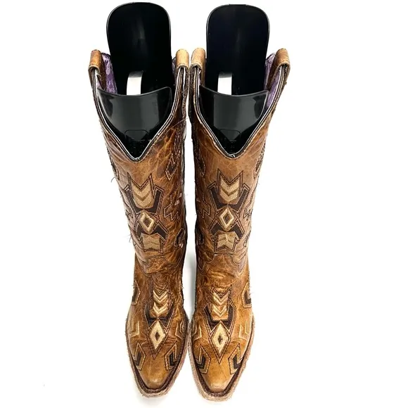 Vintage 1990s women’s brown marbled leather chevron embroidered cowboy boots