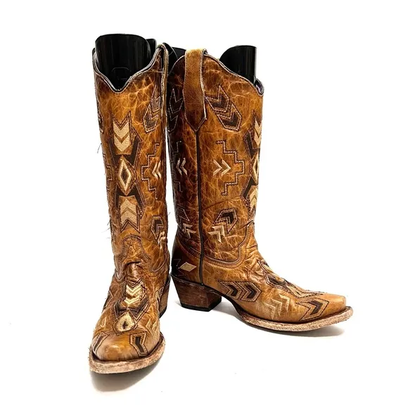 Vintage 1990s women’s brown marbled leather chevron embroidered cowboy boots