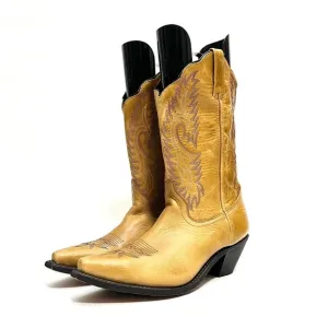 Vintage 1990s women’s tan leather square toe scalloped cowboy boots