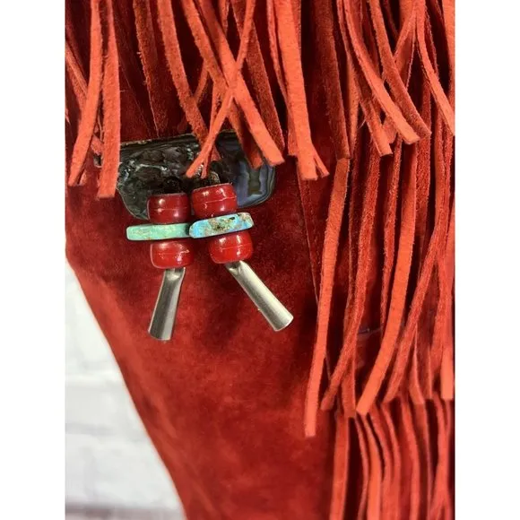 vintage 70's Frederico‎ tall red suede fringe boots with turquoise tassel sz 5