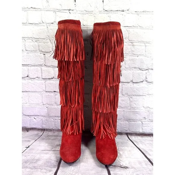 vintage 70's Frederico‎ tall red suede fringe boots with turquoise tassel sz 5