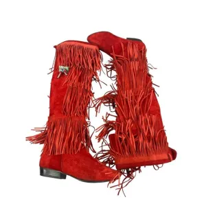 vintage 70's Frederico‎ tall red suede fringe boots with turquoise tassel sz 5