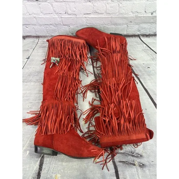 vintage 70's Frederico‎ tall red suede fringe boots with turquoise tassel sz 5