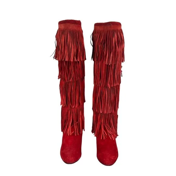 vintage 70's Frederico‎ tall red suede fringe boots with turquoise tassel sz 5