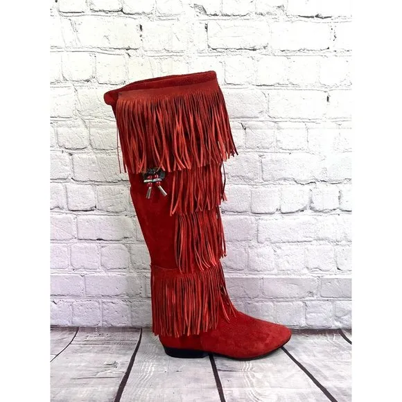 vintage 70's Frederico‎ tall red suede fringe boots with turquoise tassel sz 5