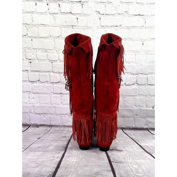 vintage 70's Frederico‎ tall red suede fringe boots with turquoise tassel sz 5