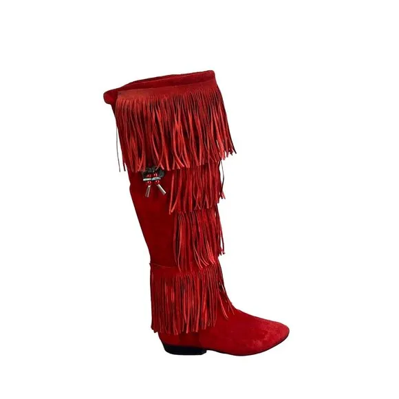 vintage 70's Frederico‎ tall red suede fringe boots with turquoise tassel sz 5
