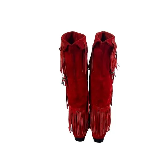 vintage 70's Frederico‎ tall red suede fringe boots with turquoise tassel sz 5