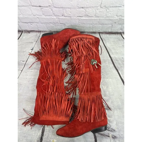 vintage 70's Frederico‎ tall red suede fringe boots with turquoise tassel sz 5