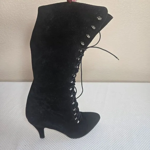 Vintage 90s Granny Black Suede Lace-Up Heeled Boots Womens Size 6 Italy 37
