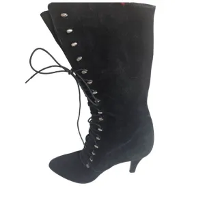 Vintage 90s Granny Black Suede Lace-Up Heeled Boots Womens Size 6 Italy 37