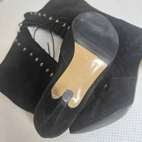 Vintage 90s Granny Black Suede Lace-Up Heeled Boots Womens Size 6 Italy 37
