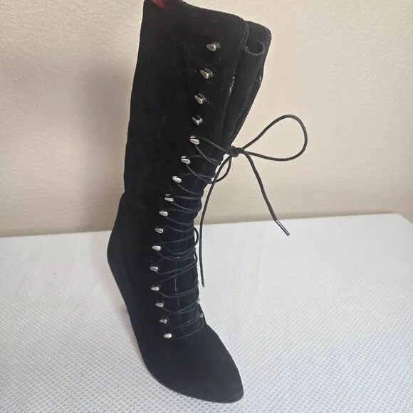Vintage 90s Granny Black Suede Lace-Up Heeled Boots Womens Size 6 Italy 37