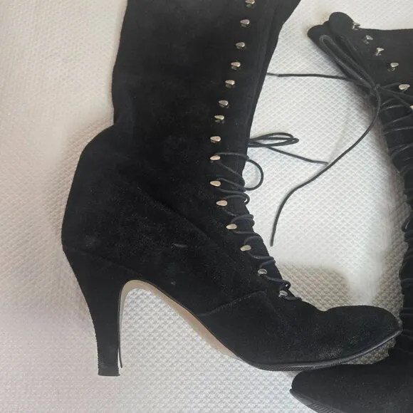 Vintage 90s Granny Black Suede Lace-Up Heeled Boots Womens Size 6 Italy 37