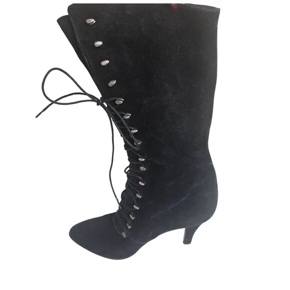 Vintage 90s Granny Black Suede Lace-Up Heeled Boots Womens Size 6 Italy 37