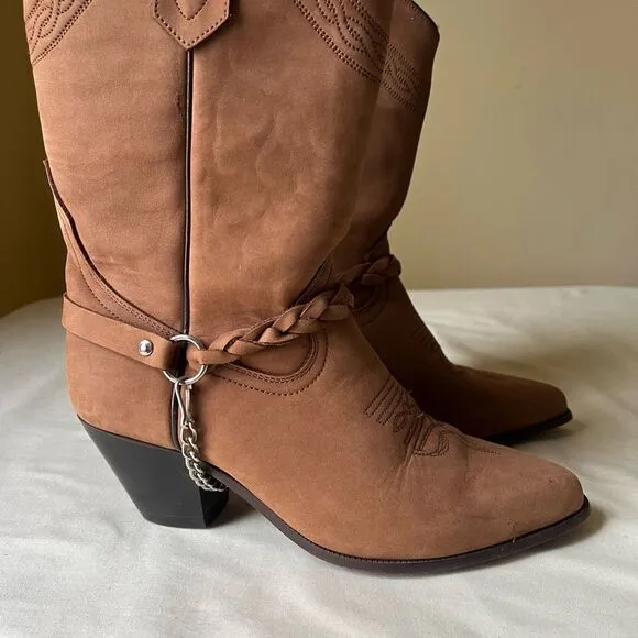 Vintage Acme Harness Chain Cowboy Boots Brown Suede Leather Mid Calf Women’s 7